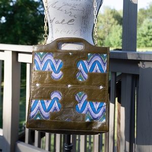 Tory Burch Tote Ikat Fabric with Olive Patent Leather trim